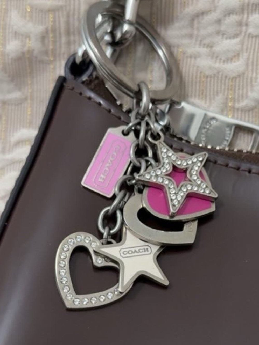 Coach Swarovski keychain with Pink Enamel Tag & Rhinestone Charms